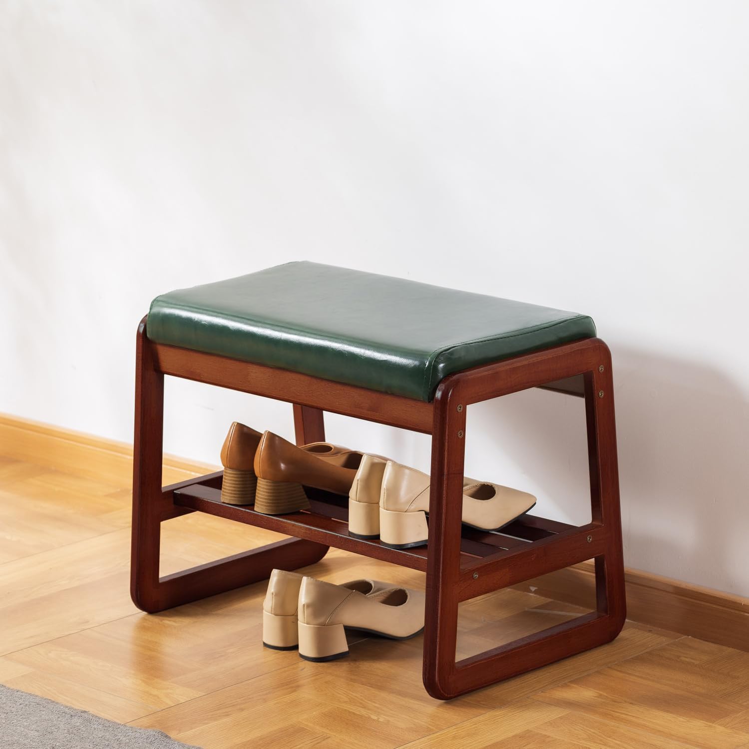 SOBIBO Solid Wood Shoe Bench, 2-Tier Wooden Storage Entryway Bench, Mid-Century Modern Shoe Bench Rack, End of Bed Bench with Faux Leather Cushion for Hallway, Living Room (green, 55cm，21.65 inches)