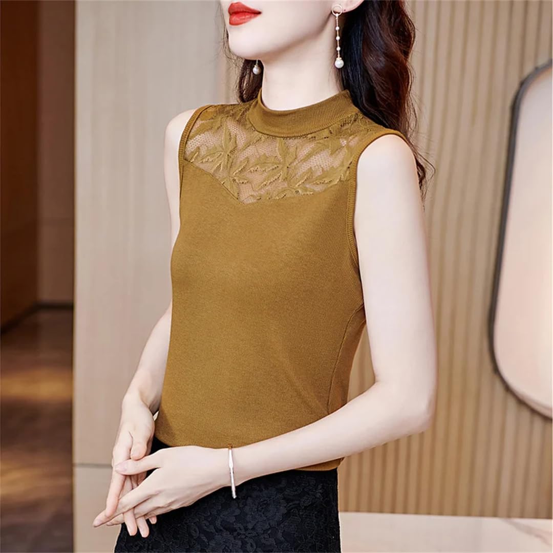 Top estivo da donna in pizzo a collo alto con scollo a V e top corto aderente senza maniche