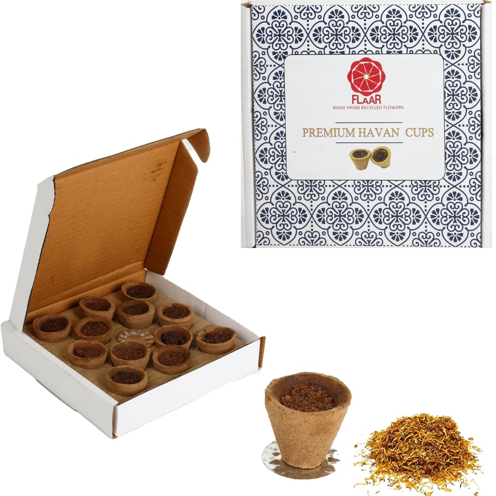 FLAAR Natural Havan Cups | Made of Temple Flowers | Dhuni Cups Organic Sambrani Cups| Guggul Loban Cups for Puja and Havan, Natural Dhoop Cup, Filled with Natural Herbs. Pack of 2 (24 Cups) with Stand-image-25