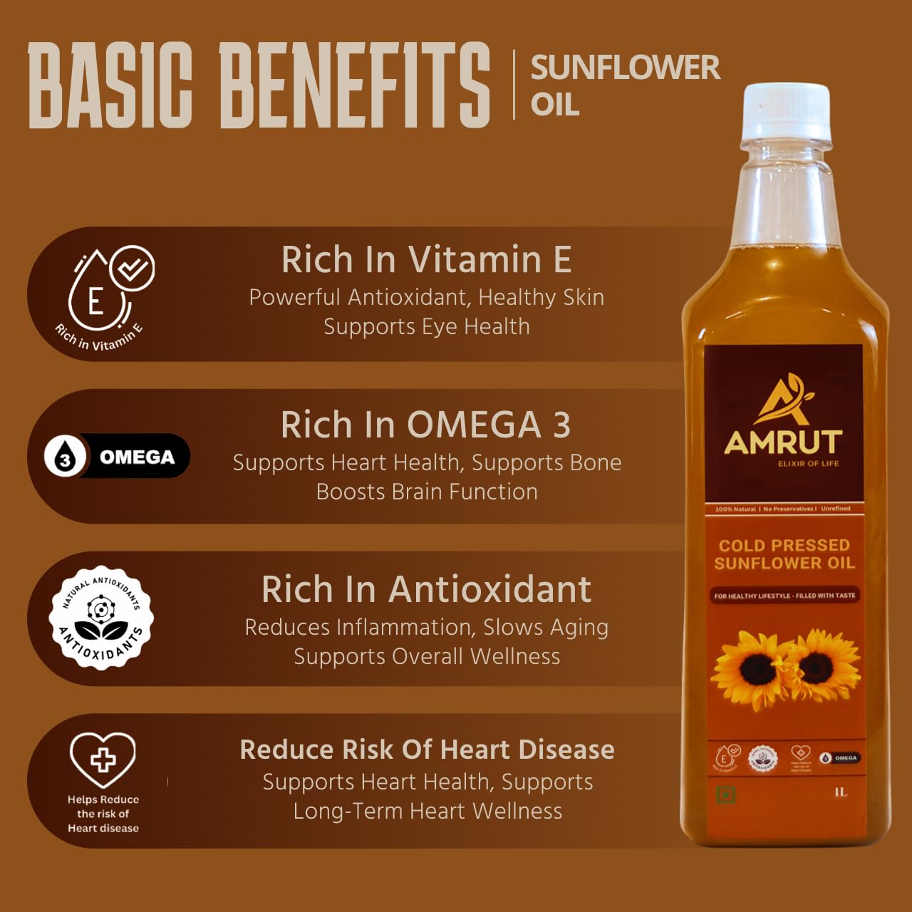 AMRUT – ELIXIR OF LIFE Cold Pressed Sunflower Oil – 1 Litre | Kacchi Ghani | 100% Pure & Natural | Chemical-Free | Cold Pressed Cooking Oil | Healthy & Light | Plastic Bottle 1