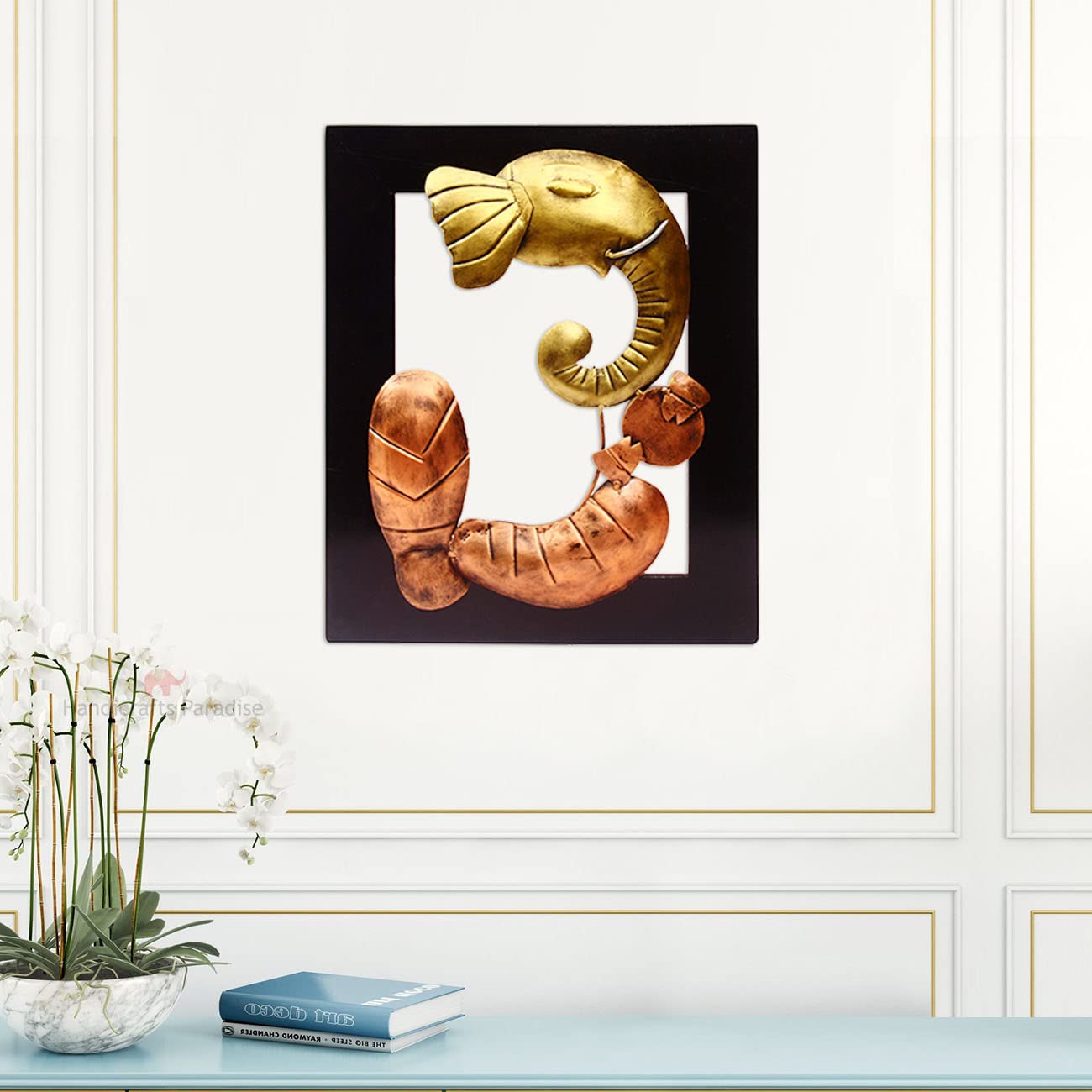 Handicrafts Paradise Iron and Wood Ganesha Wall Art Golden Copper Abstract Ganesha 15 x 18.5 inches