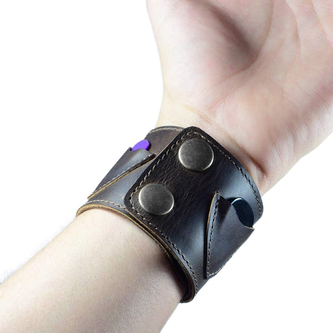 Hide & Drink, Cuff with Guitar Pick Slots, Rustic Bracelet, Wristband for Musicians, Full Grain Leather, Handmade, Bourbon Brown