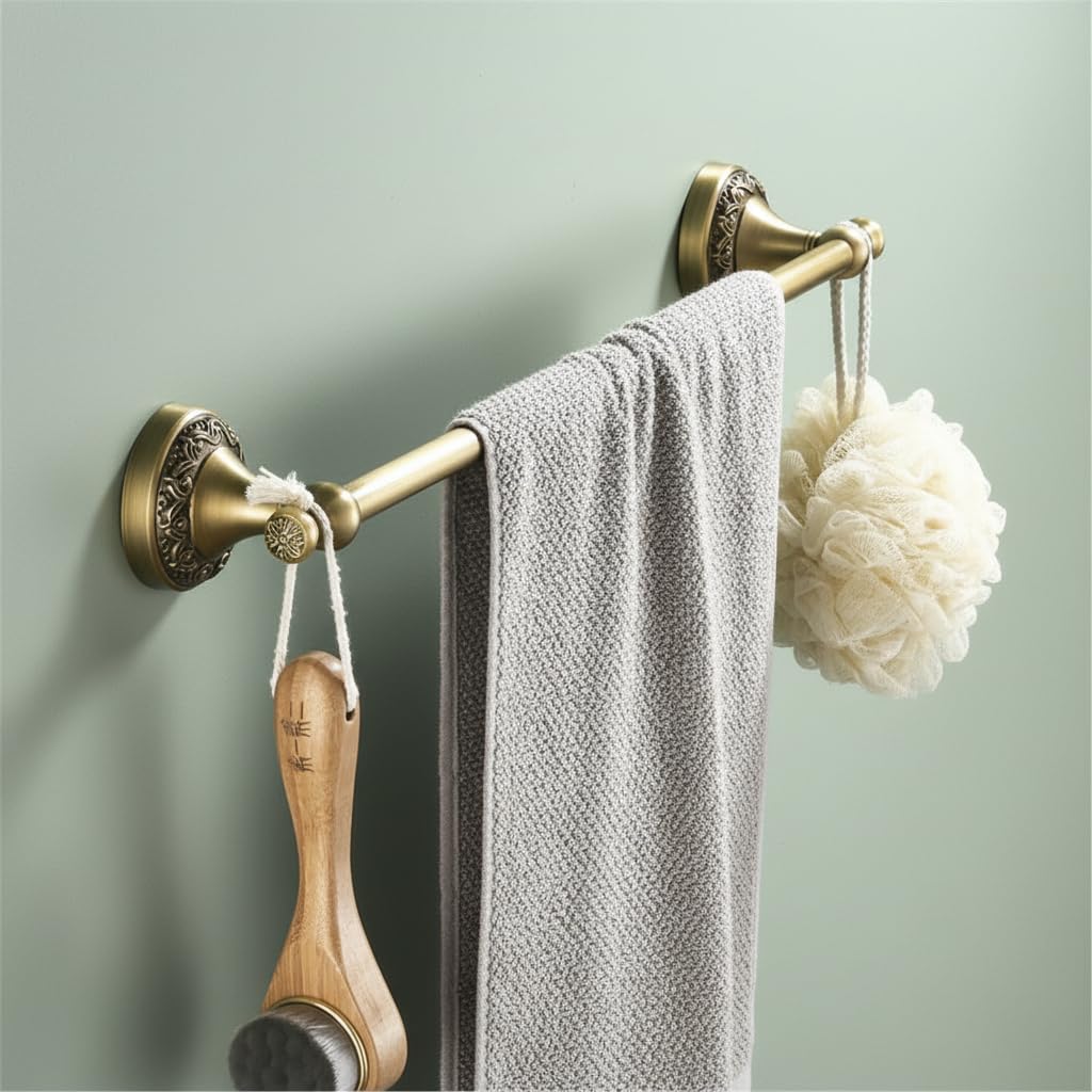 Flybath Toallero de barra de 24 pulgadas de latón antiguo con patrón exquisito para tallar, organizador de toallas individual para baño, accesorios de cocina, montaje en pared, bronce cepillado
