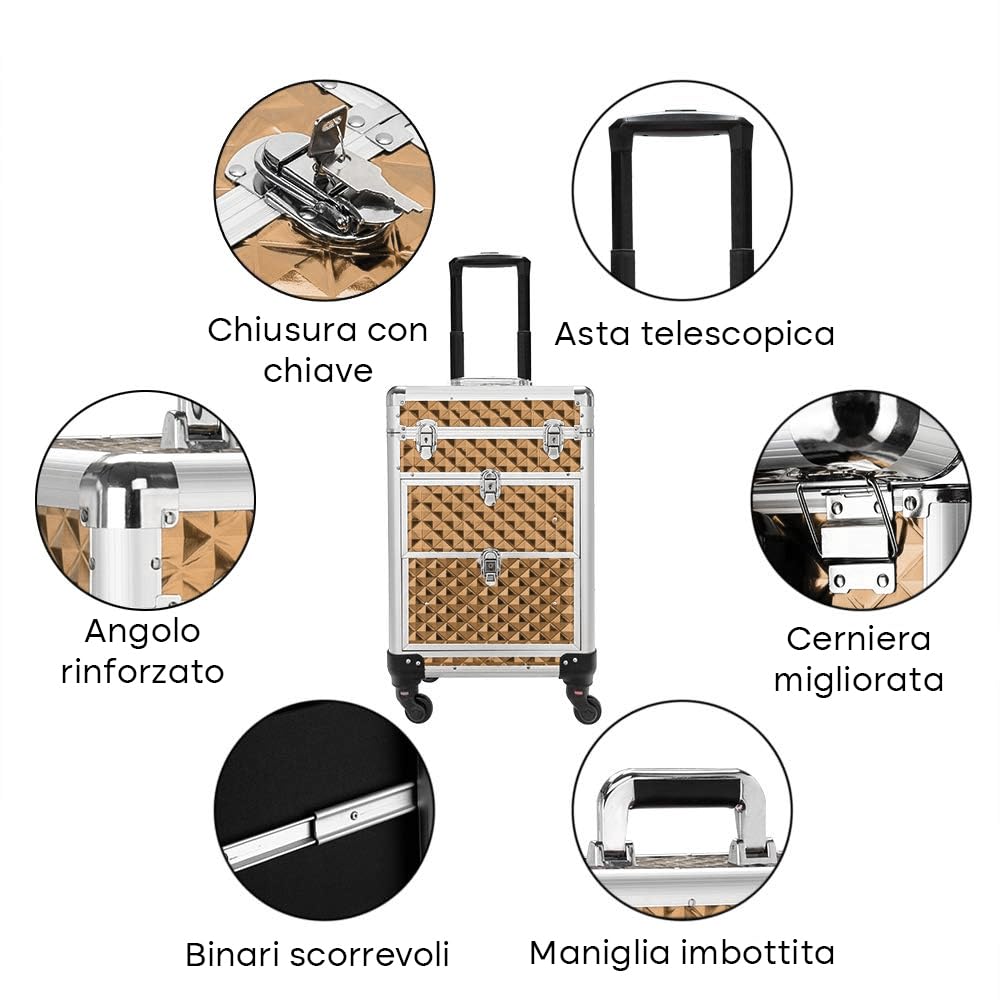 BAKAJI Maleta de maquillaje profesional, neceser esteticista portátil, maletín porta maquillaje con textura oleográfica triangular y ruedas desmontables, maletín organizador maquillaje viaje, dorado,
