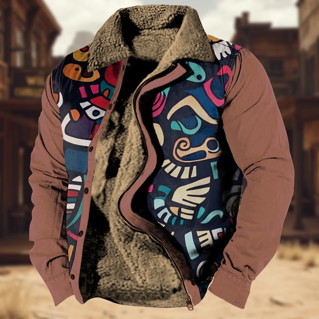 Mens Cowboy Lapel Sweatshirt Fall Long Sleeve Zipper Western Jackets for Men Plus Size Vintage Fleece Coat - Image 2
