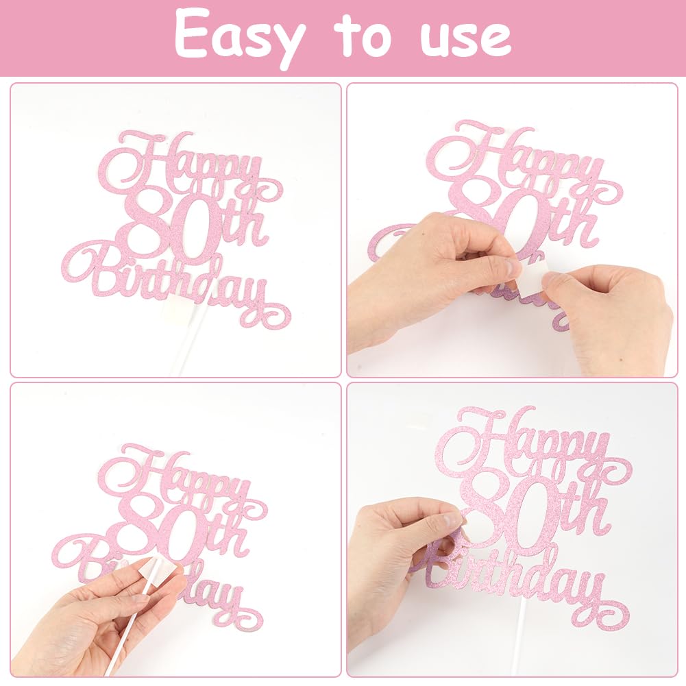 Happy 80th Birthday Cake Toppers Set - Pink Number 80 Candles With Star & Heart Decorations
