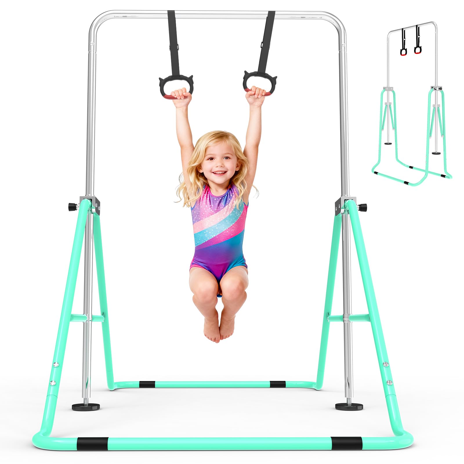 FINCOME Gymnastics Bar for Kids with Gymnastics Rings, Height Adjustable Gymnastics Horizontal Bar, Foldable Bar Gymnastics Equipment for Home Room
