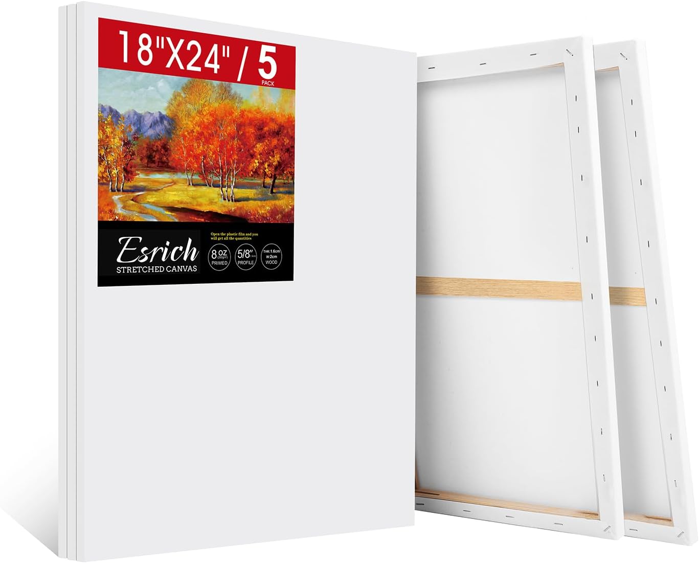 ESRICH Stretched Canvas for Painting 18x24 Inch, 5Pack Large Canvas for Painting, Primed Acid-Free Cotton Blank Canvases, Art Paint Canvases for Oil Paint,Watercolor,Acrylic Paint,Gouache and Tempera. 5 Packs-1Sizes( 18*24in)