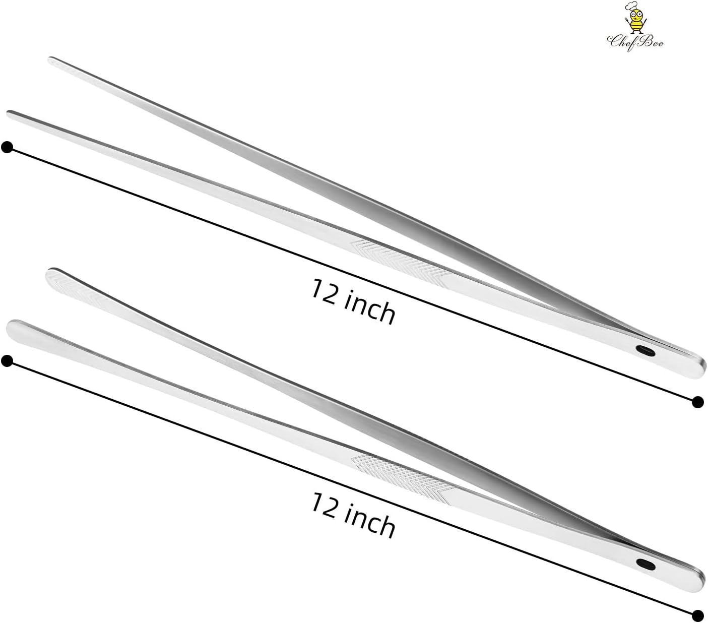 ChefBee Kitchen Cooking Tongs Tweezers - 2PCS 12" Stainless Steel Kitchen Utensils, Metal Fine Tweezers Tongs with Precision Serrated Tips for Chef, Serving Food, Grill, Culinary, Pasta, Salad, BBQ
