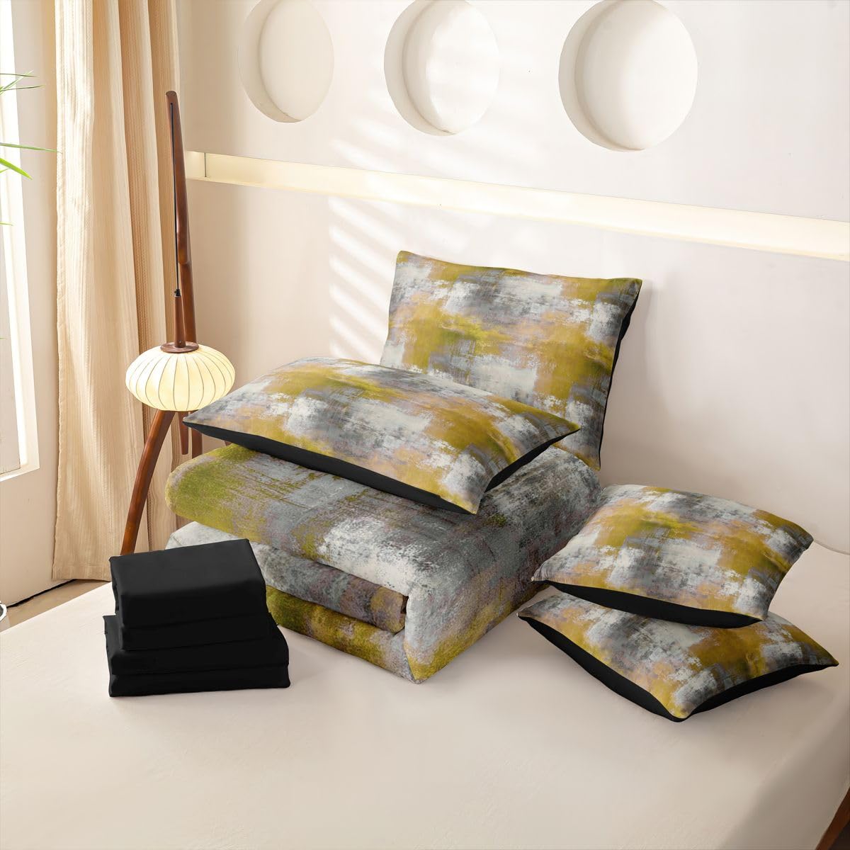 Loussiesd Set di biancheria da letto con copripiumino astratto con lenzuola, 7 pezzi, per letto singolo, motivo geometrico, grigio, verde, ombré, per bambini, ragazzi e ragazze, moderno, arte astratta