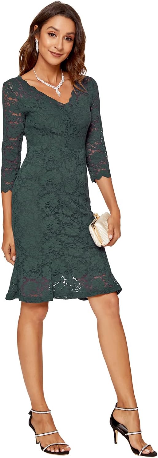 Atnlewhi Womens 3/4 Sleeve Slim Fit Lace Cocktail Dresses Party Wedding Guest V Neck Formal Evening Bodycon Dress