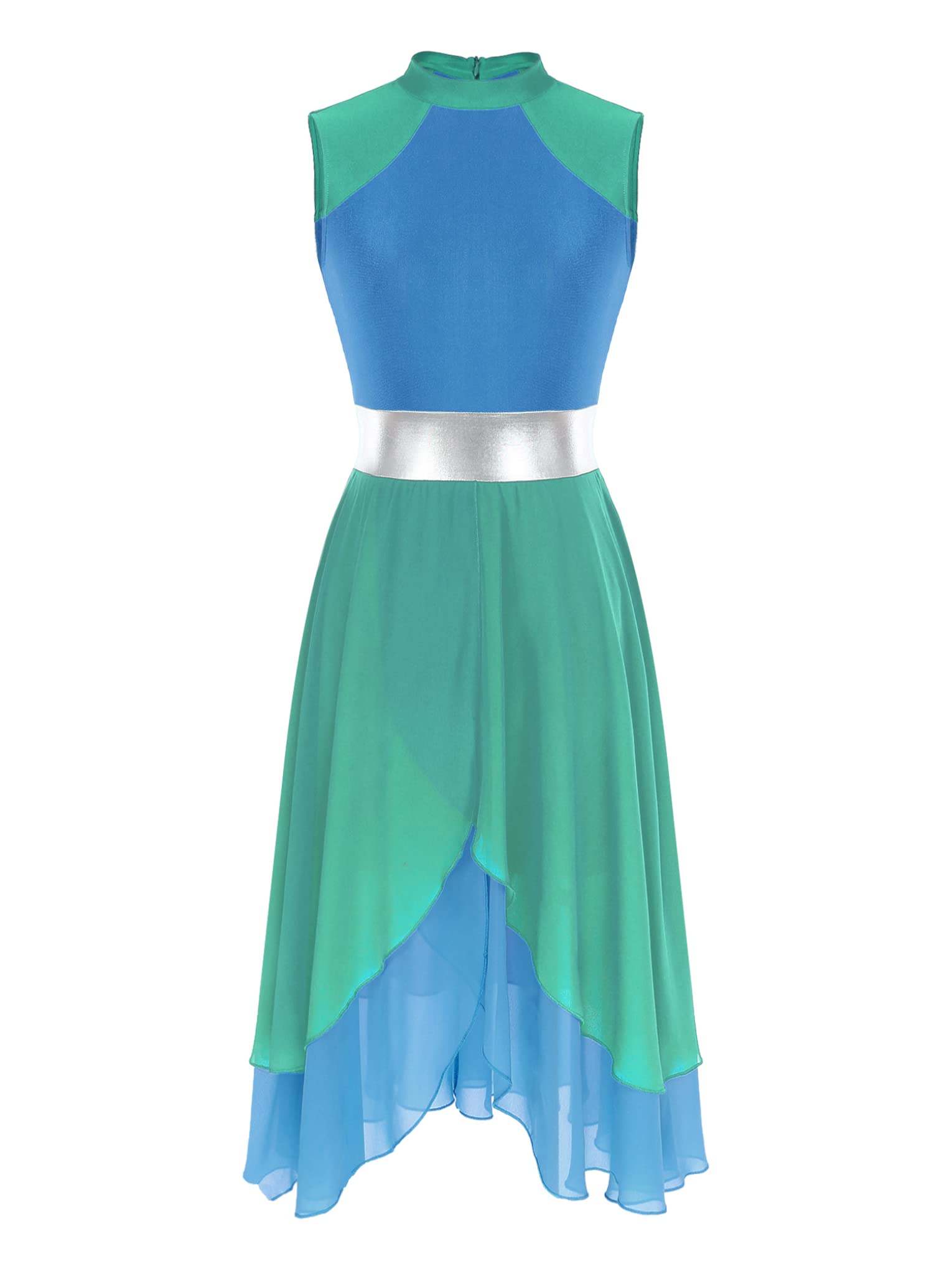 JanJean Lyrical Dance Dress for Women Color Block Chiffon Patchwork Performance Costume Praise Dress Tunic Green Medium