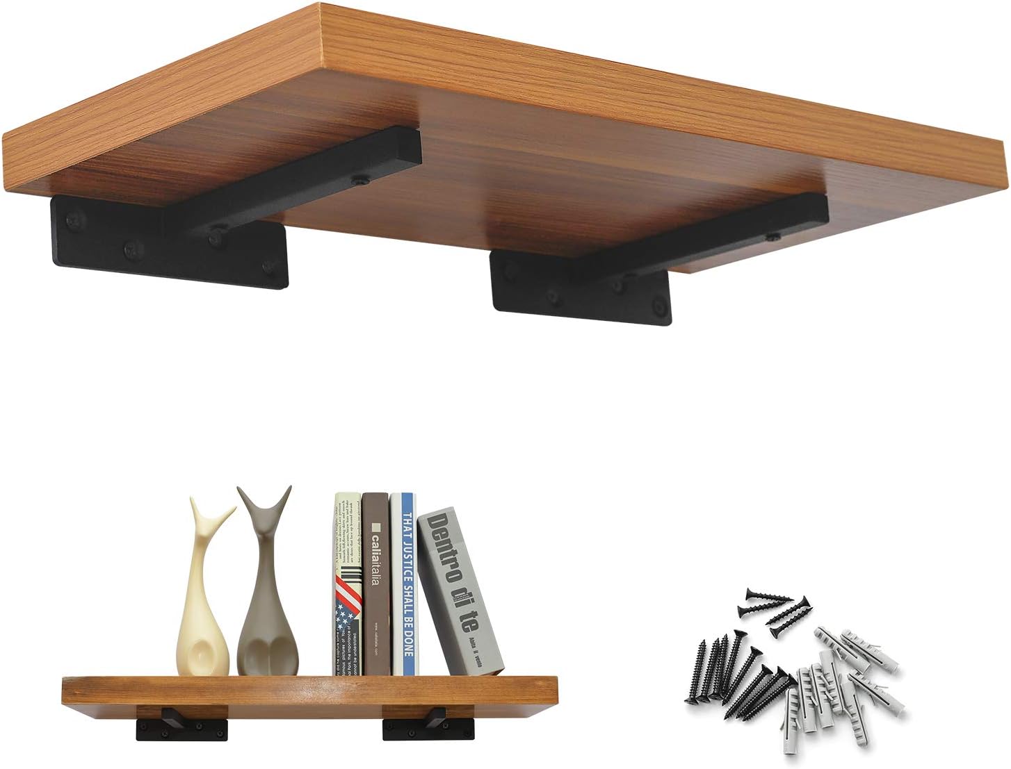 ChasBete Wall Book Shelf with Bracket, Heavy Duty Floating Wood Shelf, 8 in Rustic Bathroom Shelf / Kitchen Shelves