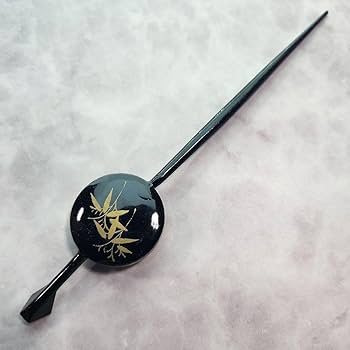 Amazon.co.jp: 漆塗り 平打ちかんざし 簪 黒漆 金蒔絵 笹と雪輪