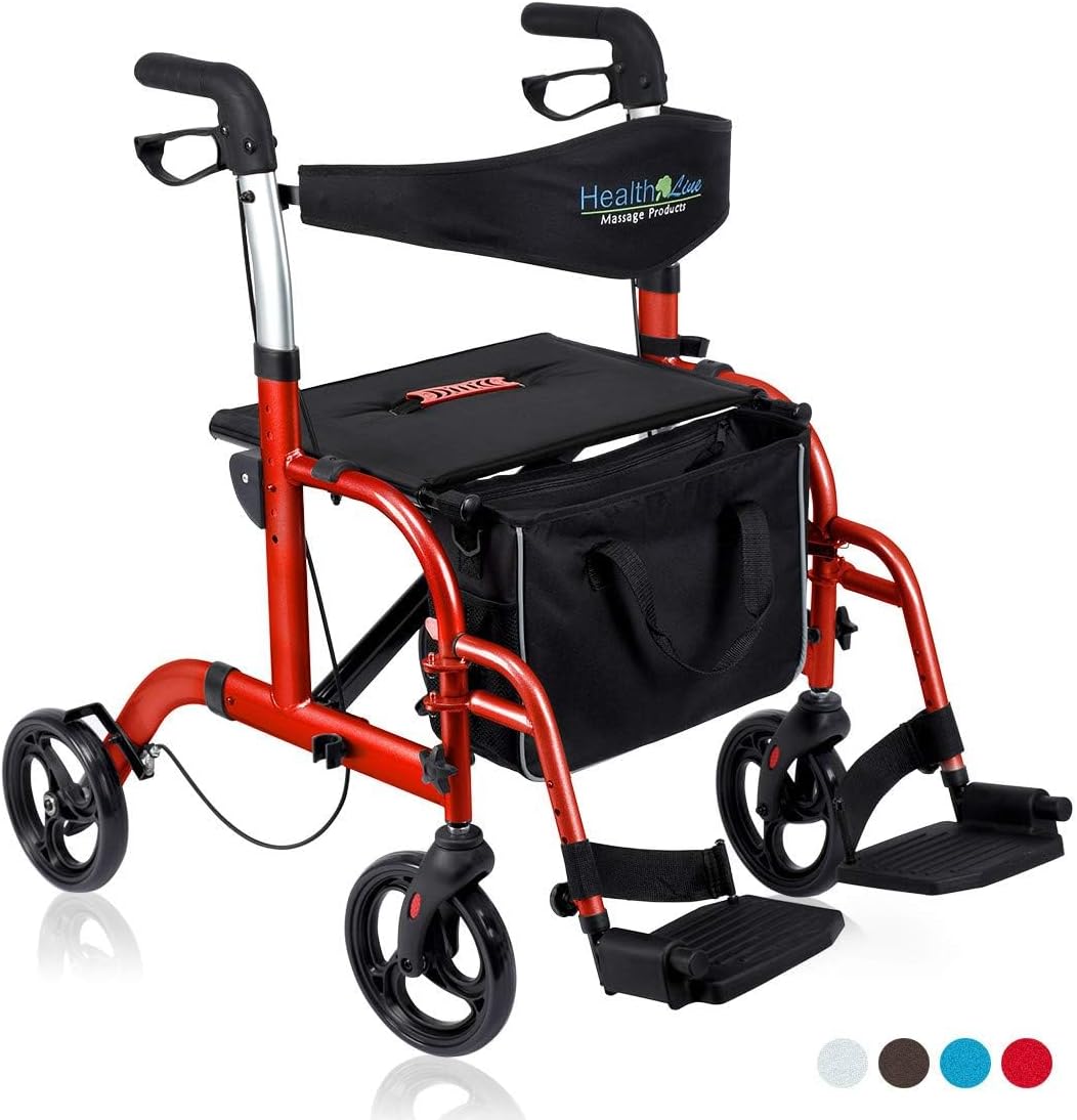 Health Line Massage Products 2 in 1 Rollator-Transport Chair w/Paded Seatrest, Reversible Backrest and Detachable Footrests, Cherry Red