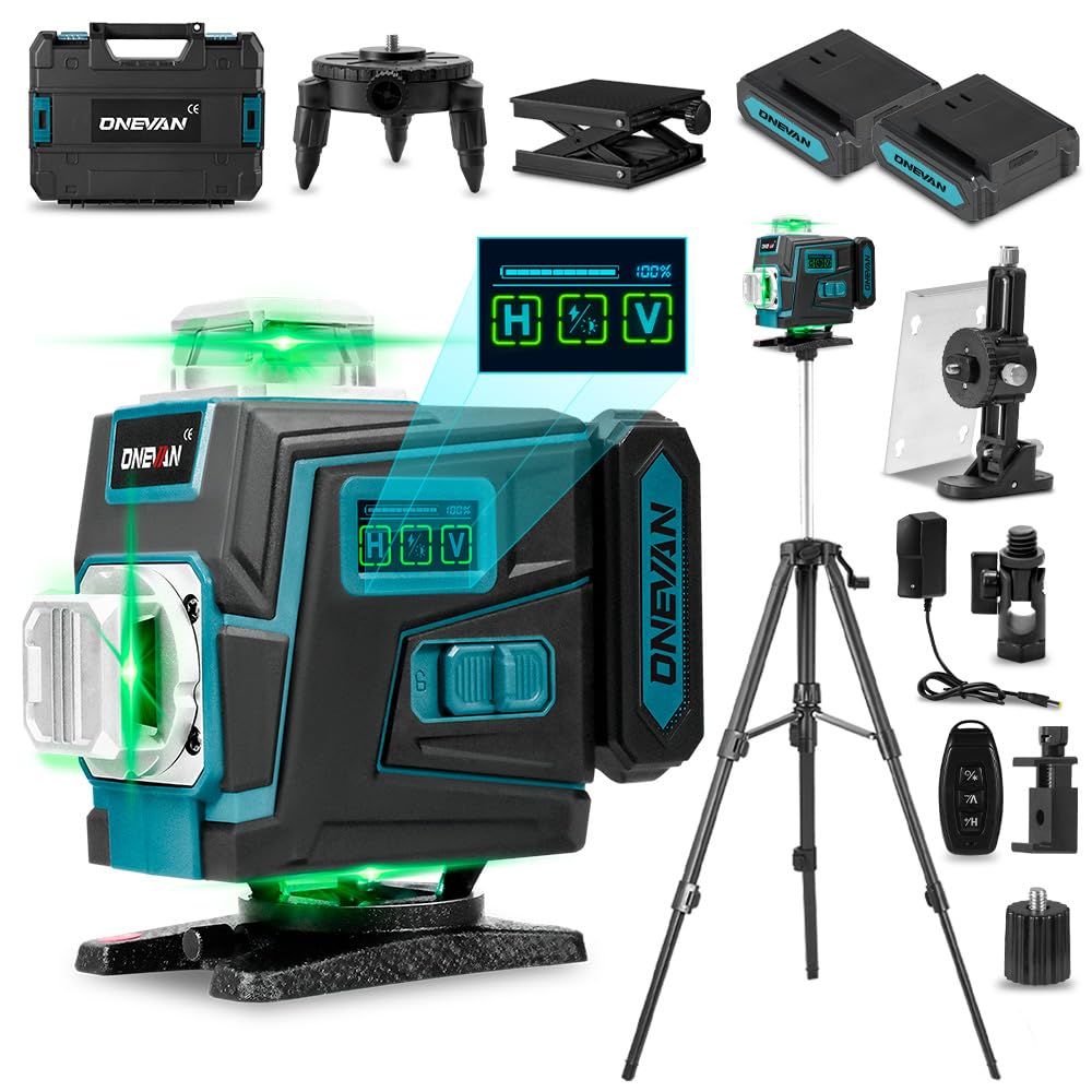 ONEVAN Livella Laser con Treppiede, 4D 360° Laser Autolivellante, Auto-Livellante ±3°, Raggio 30 m, 2 Batterie 4800 mAh, App & Telecomando, per Piastrelle, Soffitti e Appendi Quadri
