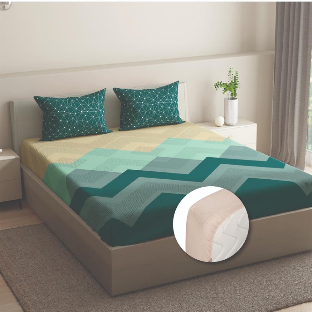 Wakefit Cotton Fitted Bedsheet | 200 TC Elastic Fitted Sheet, King Bed Bedsheet with 2 Pillow Striped Covers | Michele - 75X72 Inches, Multicolor