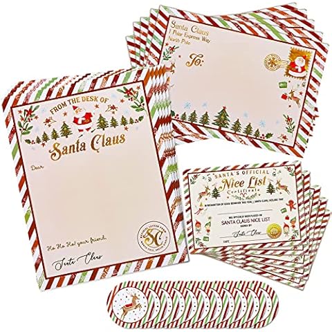 AnyDesign Christmas Official Letters Certificate from Santa Claus Set Include 5Pcs Red Green Stripes Writing Letter, 5Pcs Nice List Certificate, 5 Envelopes and 10 Stickers for Family Party Favors Cover