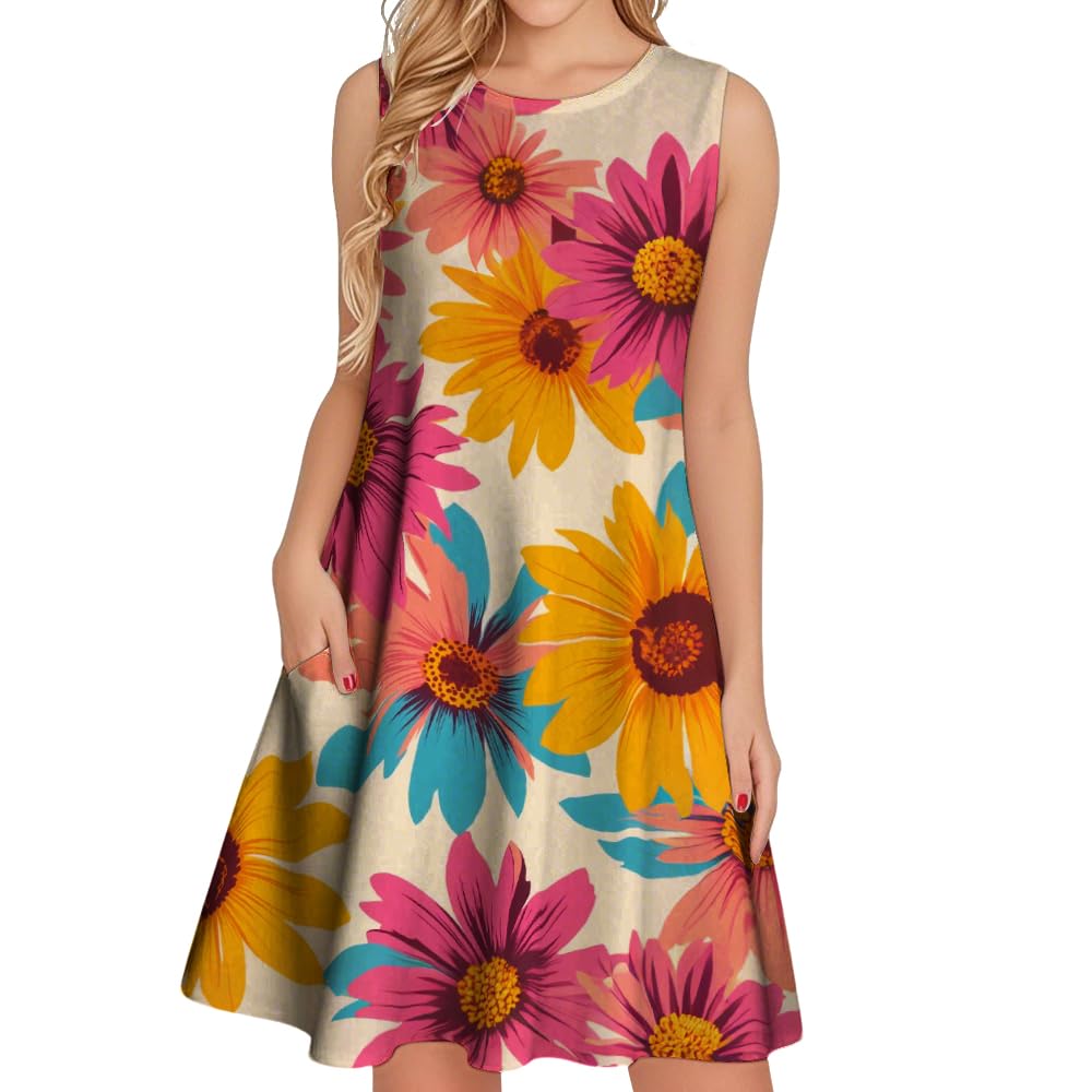 HOTYD Womens Floral Sundress Sleeveless Casual Dresses Trendy Crewneck Mini Dress Loose Fit Boho Summer Dresses with Pockets
