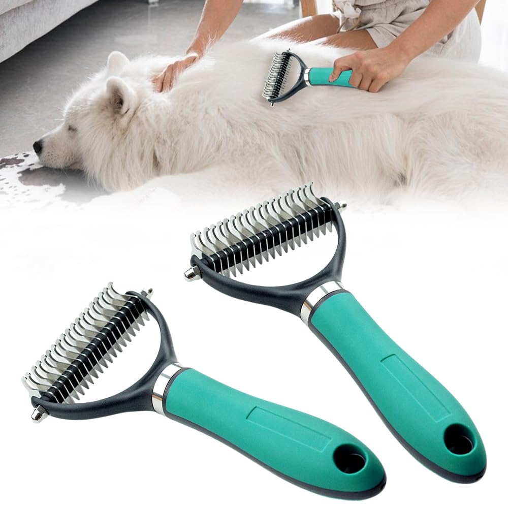 Deshedding Brush for Dogs and Cats, 2026 New Double-Sided Self-Cleaning Pet Grooming Brush, Dematting Tool Removes Knots, Loose Undercoat, Mats for Long & Short Hair Fur (Green x 2)
