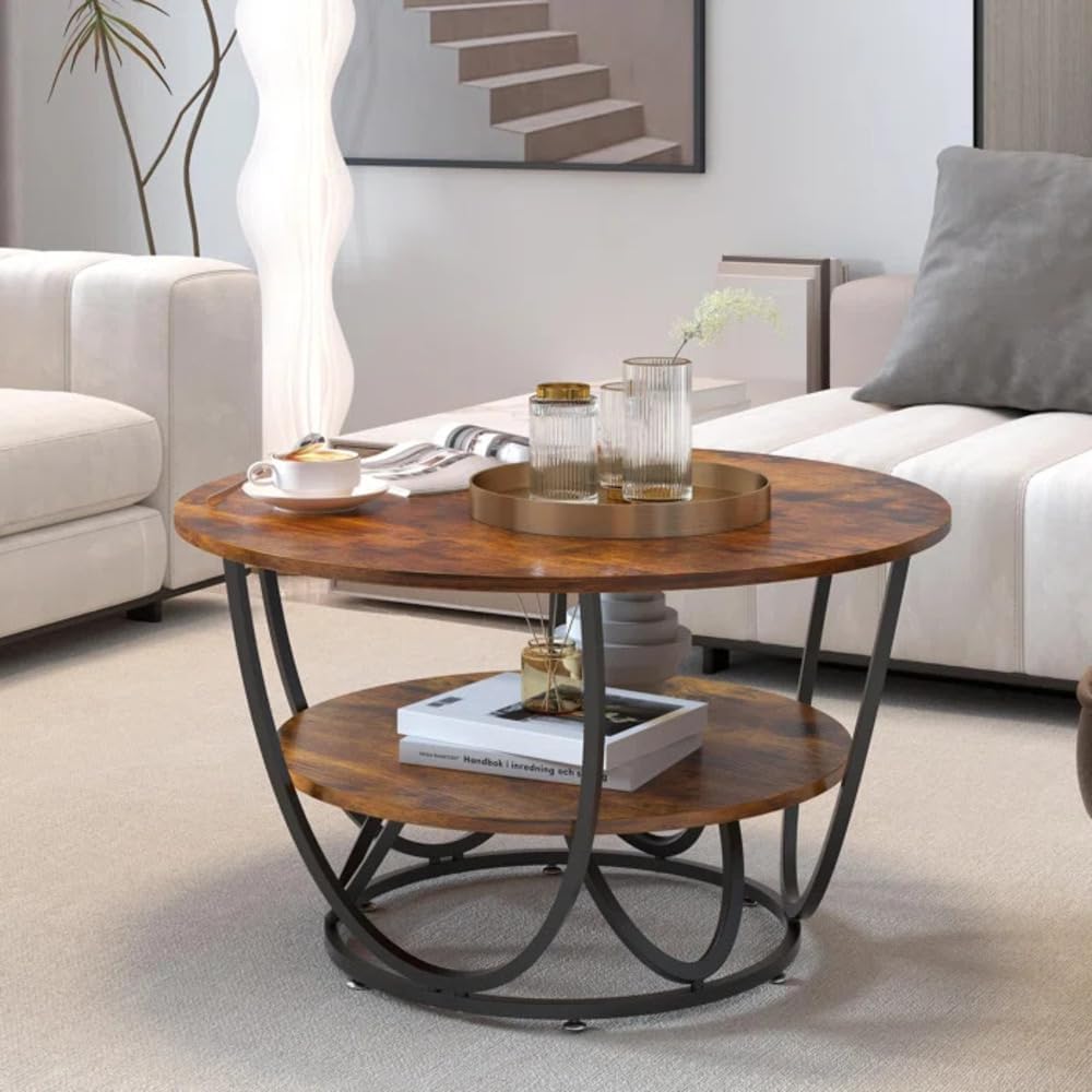 Welltrade Shoppee Faux Marble Round Coffee Table 2 Tier with Metal Frame – Modern Living Room Center Table, Sofa Table & Cocktail Tables Home Decor Furniture (Black & Brown (Walnut))