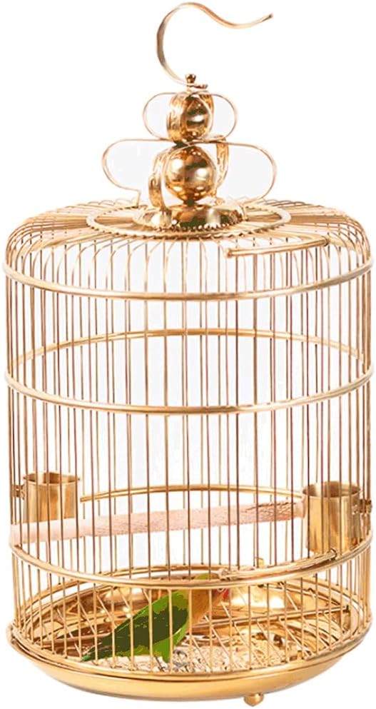 HMEI Jaula decorativa para pájaros de acero inoxidable con soporte para ruedas, jaula de pájaros de alambre dorado con alimentador y bandeja, jaula de vuelo de pájaros vintage, dorado (tamaño pequeño)