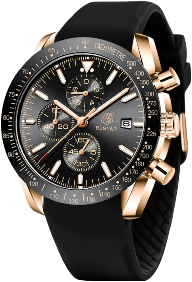Watch for Men Analog Quartz Chronograph Waterproof Luminous Designer Mens Wrist Watches Business Work Sport Casual Dress Watch with Silicone Strap Elegant Gifts for Men
