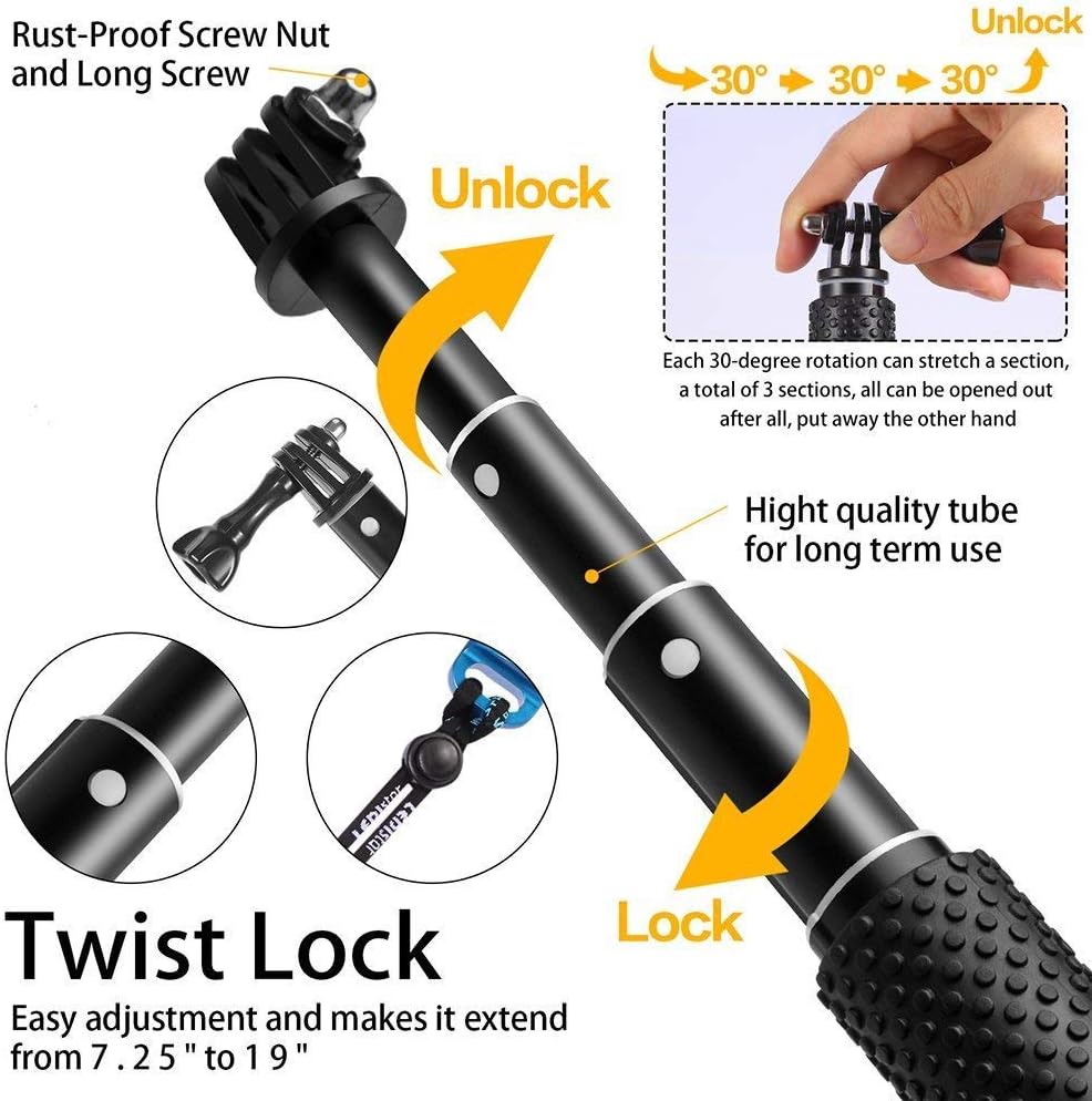 Foretoo Selfie Stick,19”Waterproof Hand Grip Adjustable Extension Monopod Pole Compatible with Gopro Hero 7 6 5 4 2 1 AKASO, Xiaomi Yi,SJCAM SJ4000 SJ5000 SJ6000 ect