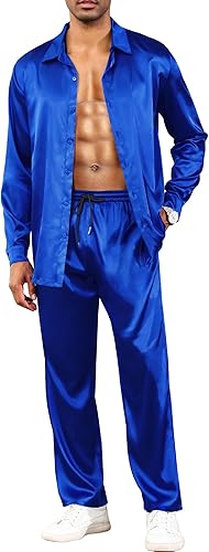 LecGee Conjunto de 2 piezas de satén para hombre, con solapa, manga larga, con botones, pantalones deportivos con bolsillo, fiesta de club de