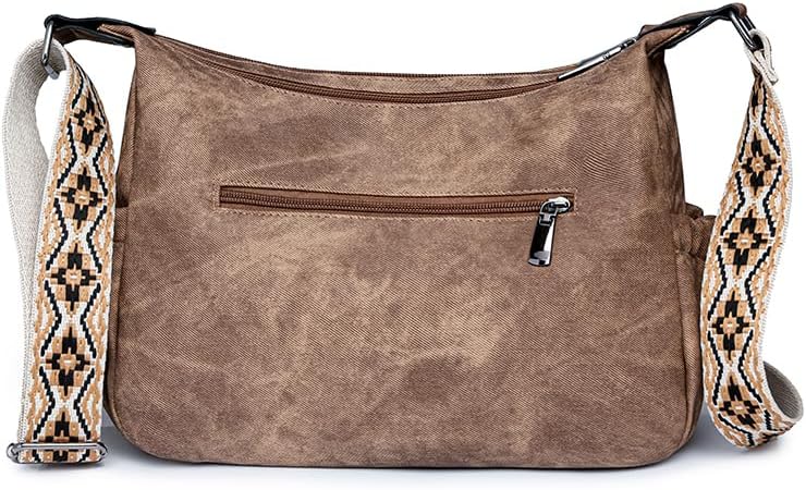 women's PU material retro large capacity multi-layer zipper embroidered wide shoulder strap crossbody bag shoulder bag casual bag（Brown）