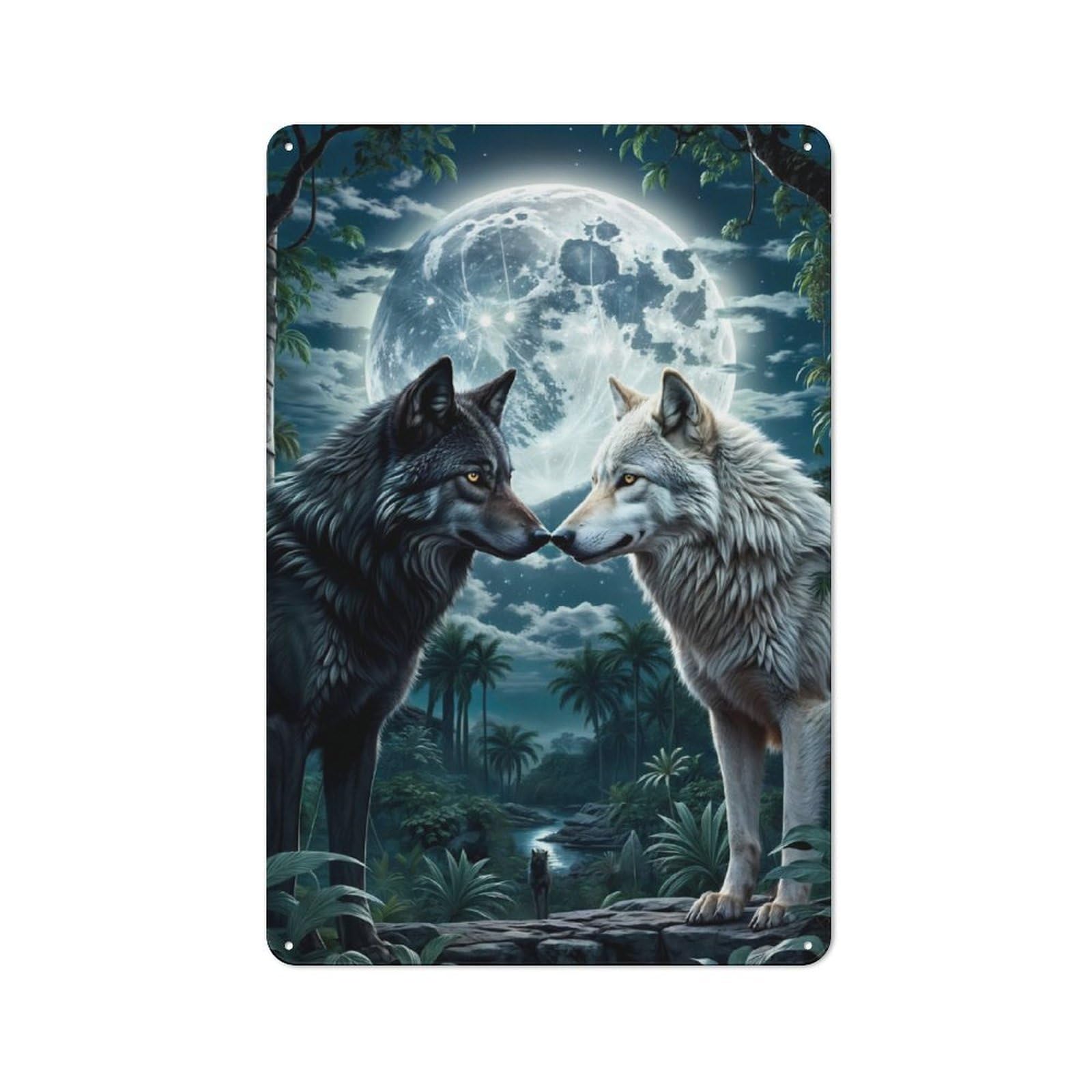Junmoney Two Wolf In Forest Moon Classic Kitchen Metal Sign 30X20cm Featuring Cafe Wall Decor For Restaurant, Kitchen, Counter Or Breakfast Nook