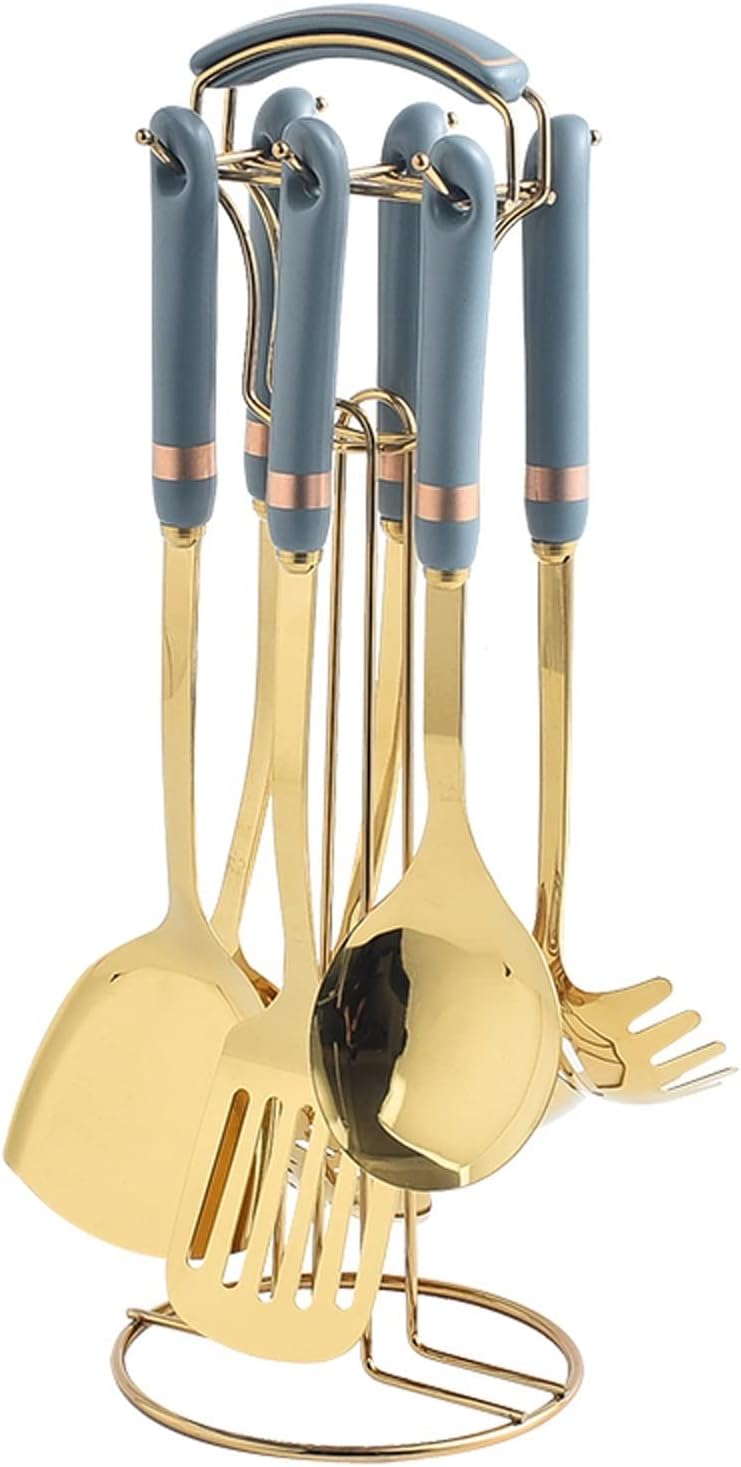 Kitchen Utensil Set, 7 PCS Kitchen Utensils Set with Storage Stand - Stainless Steel Cooking Utensils Set with Ceramic Anti-Scald Handle, Kitchen Tools Set