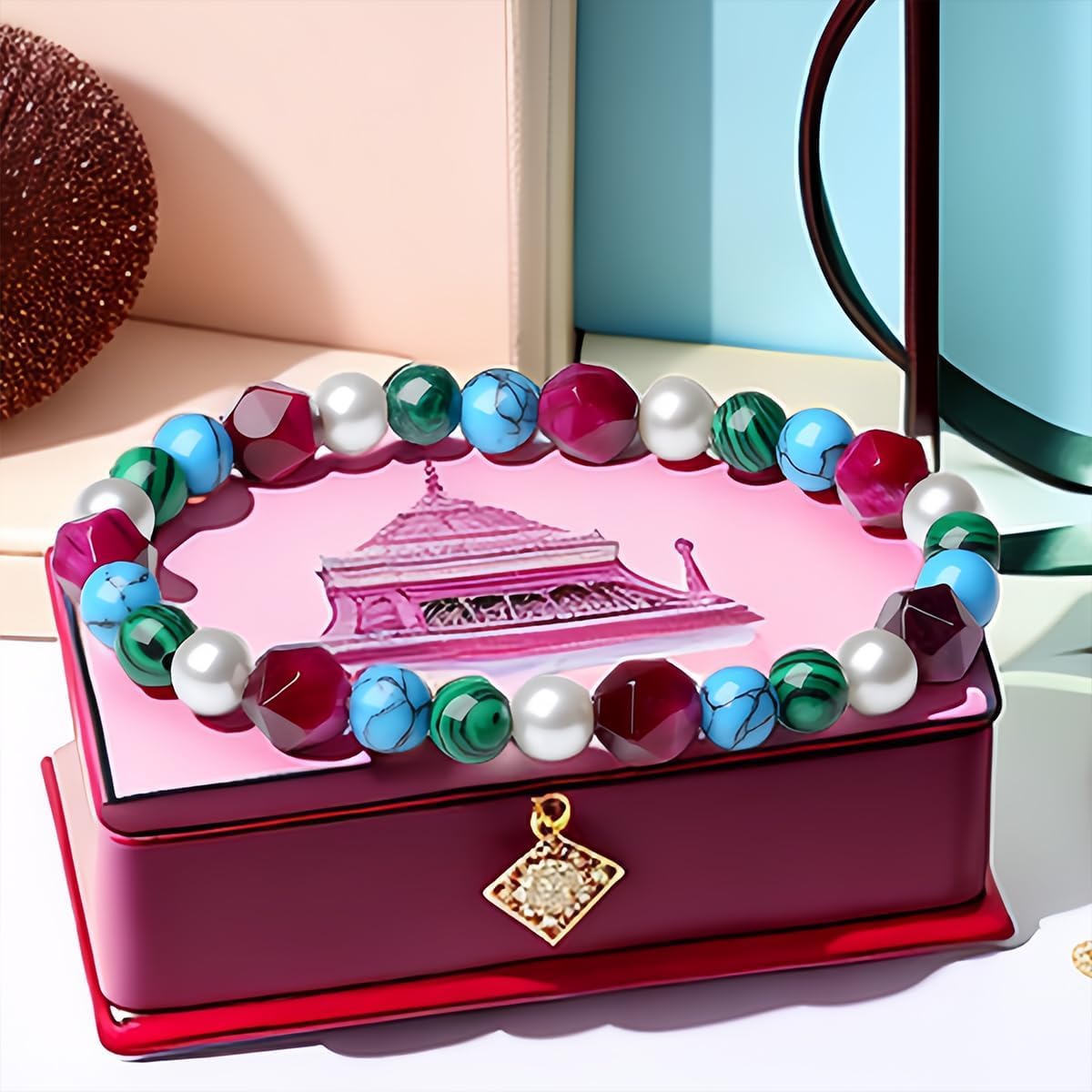 Women's Multi Gemstone 6MM Malachite Beaded Bracelets Handmade 18K Gold Ball Stretch Natural Stone Pearl Jewelry - Image 5