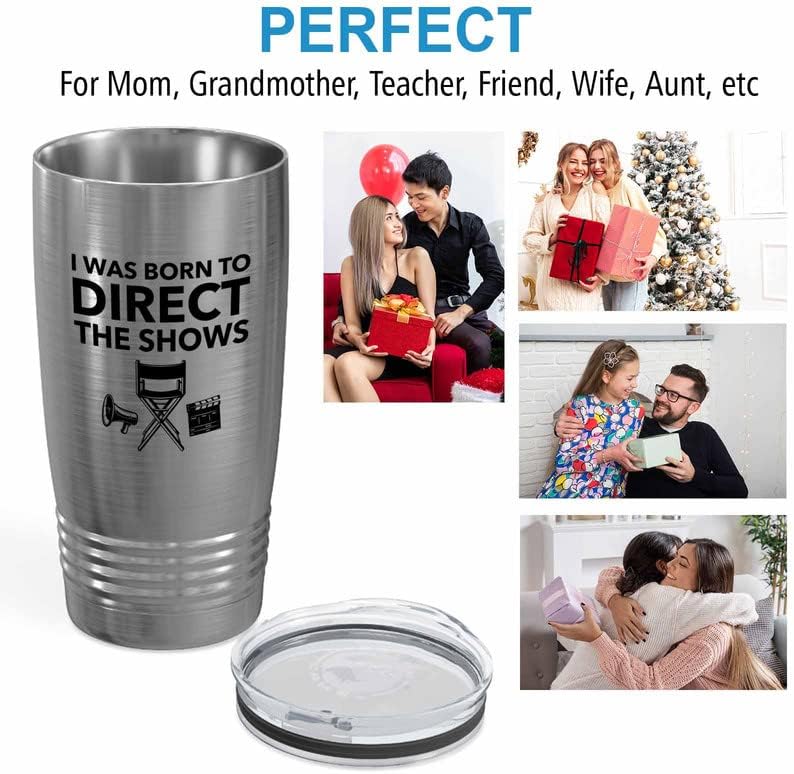 Filmmaker Silver Tumbler 20oz - I was born to direct - Filmmaker Gifts Camera Lens Cut Prop Director Movie Film Scriptwriter