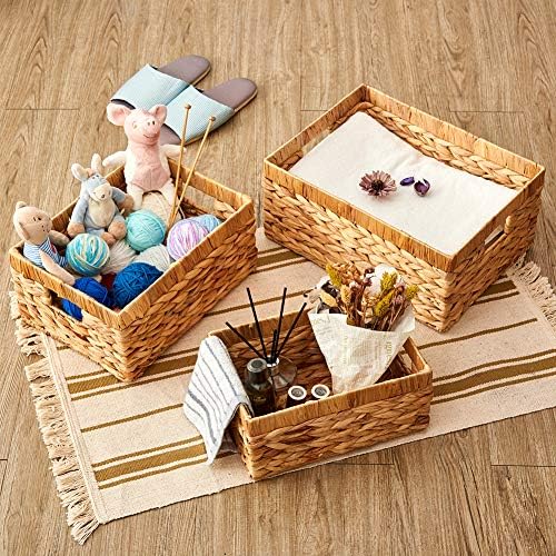 EZOWare Set of 3 Natural Water Hyacinth Organiser Storage Baskets, Container with Handle Ideal for Kitchen, Bathroom Bedroom, Home Decor