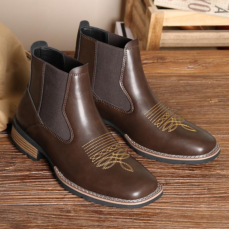 Image of Santimon Men's Square Toe Chelsea Boots, Ankle High, Slip-On, Anti-Slip Dress Casual Outdoor Boots