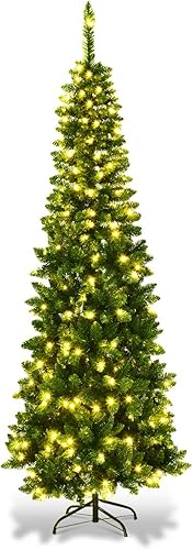 GOFLAME Árbol de Navidad preiluminado, árbol de Navidad artificial delgado con 150 luces LED y soporte de metal sólido, árbol de decoración de