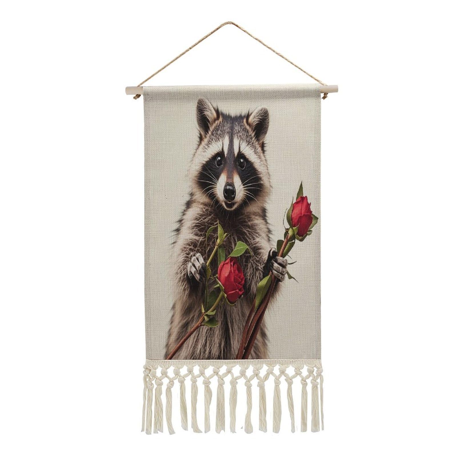 FekiLoot Funny Raccoon Wall Art Print Decor Art Tapestry with Tassel Cotton Linen Hanging Poster Vintage Aesthetic Wall Art Poster Rustic Wall Art Decor for Home Bedroom Living Room Office