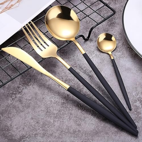 Image of BonZeaL Stainless Steel 24 Pieces Black Gold Cutlery Set with Stand for 6 Person Mirror Finish Flatware Set for Dining Table Hotel Cafe Bar Restaurant Premium House Warming Gifts for New Home Kitchen