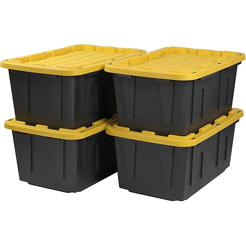 CX BLACK & YELLOW, 27-Gallon Heavy Duty Tough Storage Container & Snap-Tight Lid, (14.3"H x 20.6"W x 30.6"D), Weather-Resistant Design and Stackable Organization Tote [4 Pack]