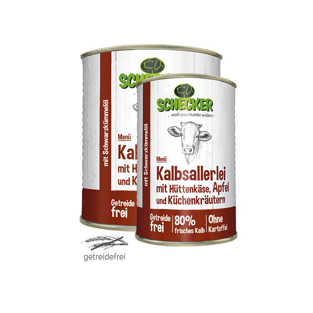 Nassfutter Kalbsallerlei mit Hüttenkäse, Apfel, Kräuter (820g (12er Pack)) | Ohne Getreide, und künstliche Zusatzstoffe
