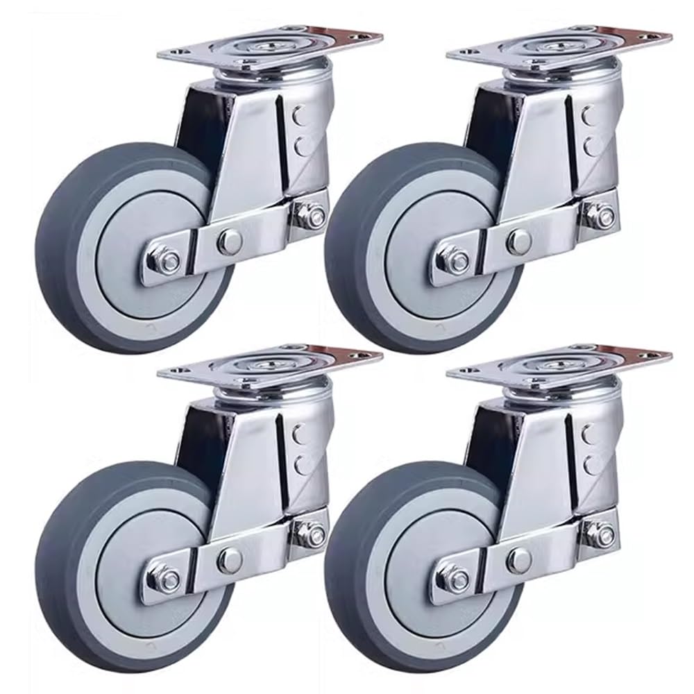 Silenziose Piroettante Piastra Ruote, 4 Pezzi TPR Ruote in Gomma, 3 Pollice Ruote Pivottanti con Freni per Industriale, Carrelli(Swivel)