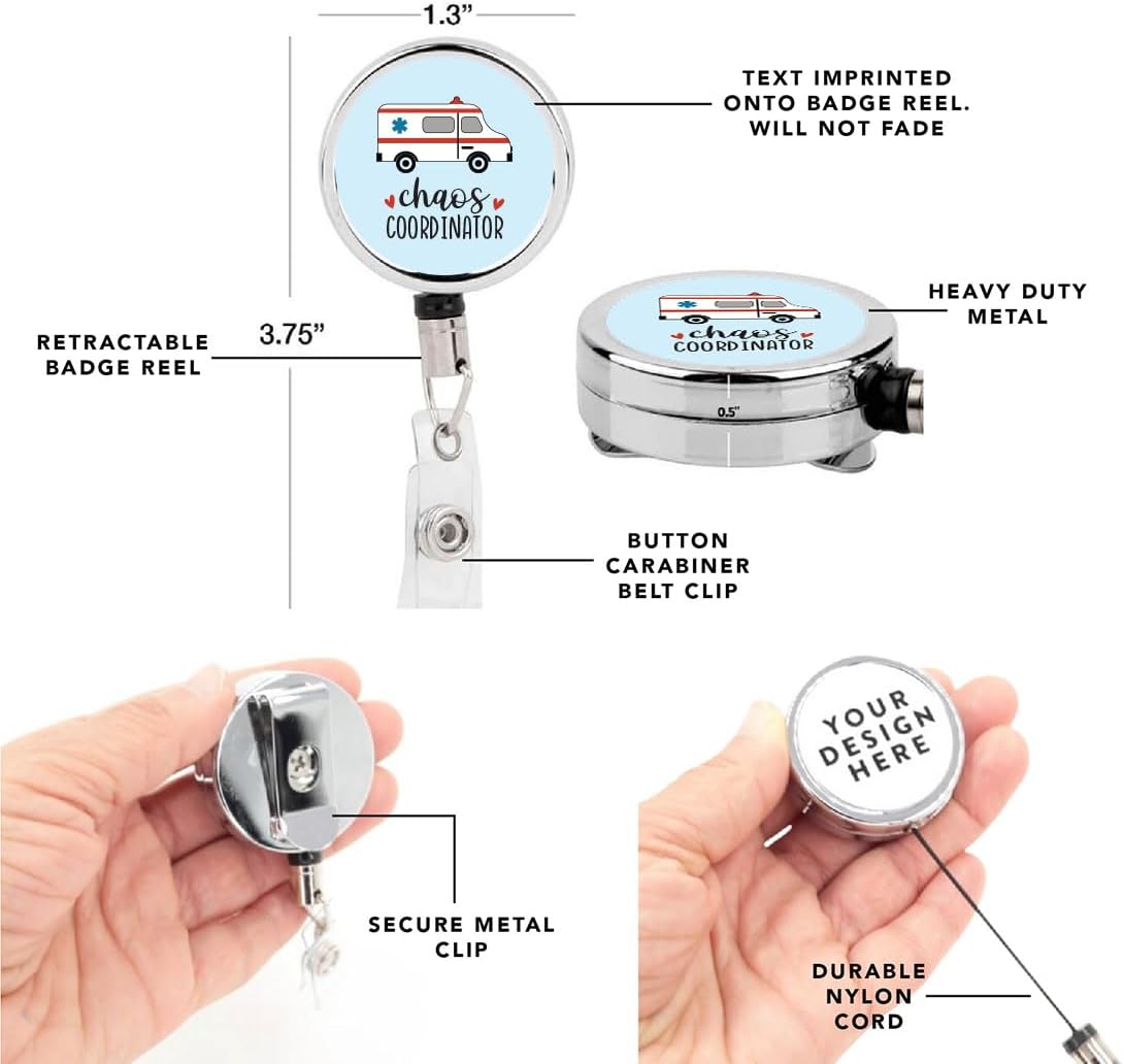 Andaz Press Retractable Badge Reel Holder with Clip, Heavy Duty Metal Name Tag ID Key Belt Clip Chaos Coordinator Ambulance, Essential Nurse, RN, Medical ID, Doctor, Pediatric, Hospital ER Work Gift