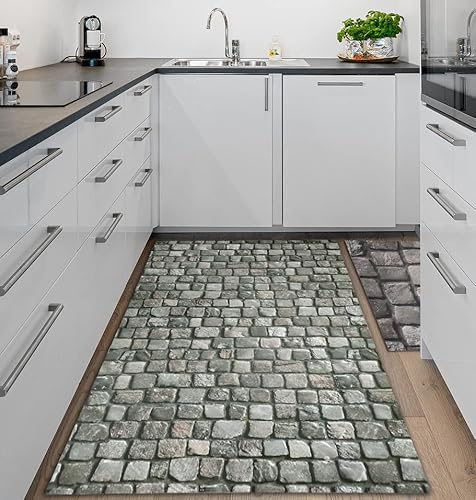 Tadi & Imperio1979 Vinylteppich für Wohnzimmer, Küche, Wohnzimmer, Eingangszimmer, Bad oder Schlafzimmer mit Rückseite PVC, rutschfest, digital, grau, beige, mit Moos Cover