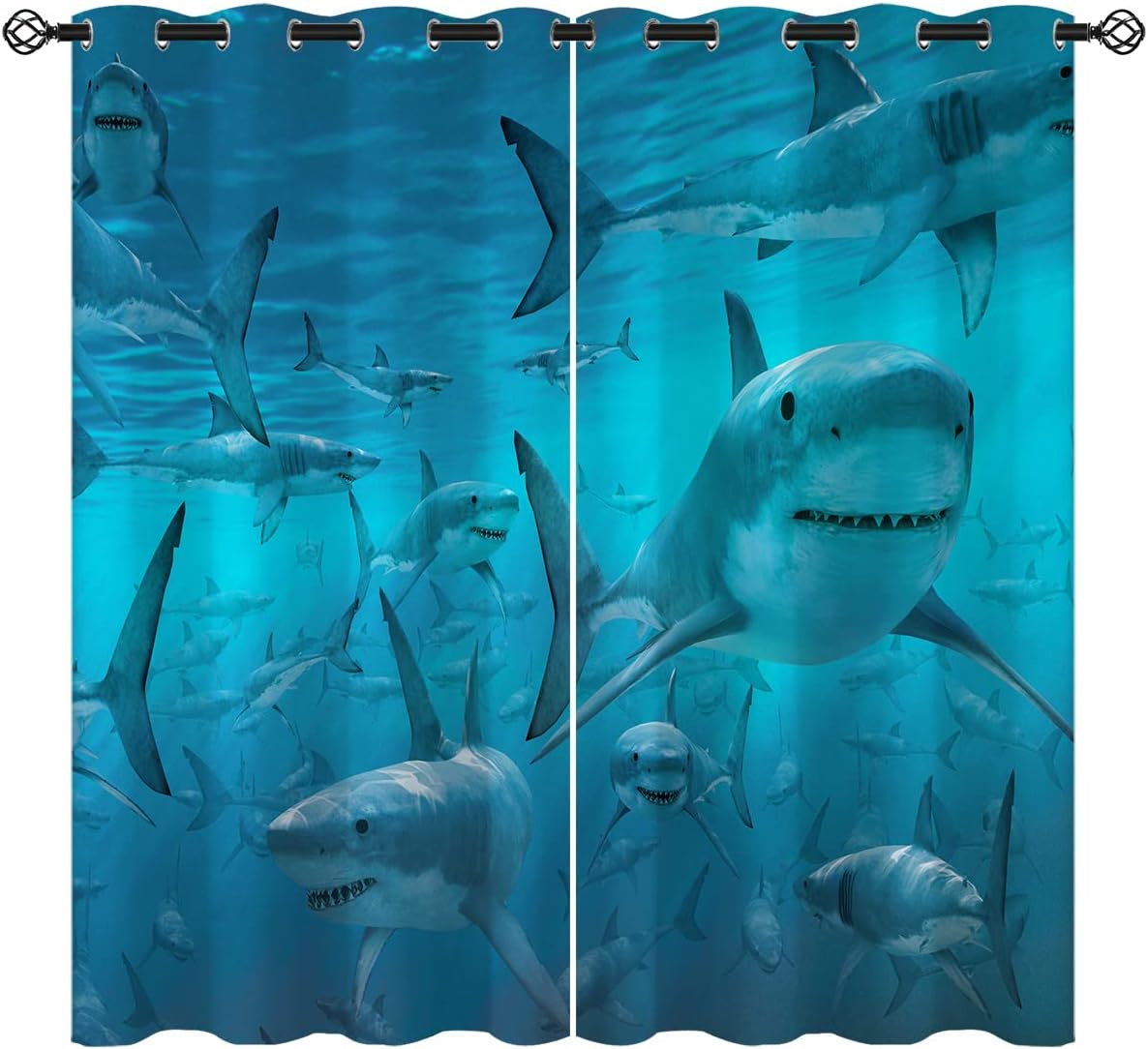Shark Blackout Curtains for Girls Boy Home Decor, Ocean Sea 3D Animals Dangerous Blue Grommet Thermal Insulated Drapes Darkening Window Curtain for Bedroom Living Room, 42 x 45 Inch