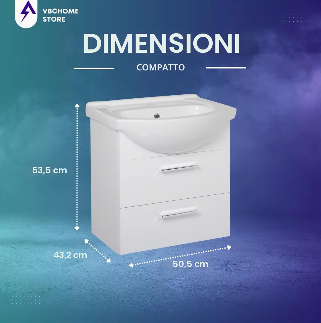 VBChome Set di mobili da bagno 50 x 53 x 43 cm con lavabo in ceramica e pensile con 2 cassetti - Compatto, funzionale ed elegante per piccoli bagni