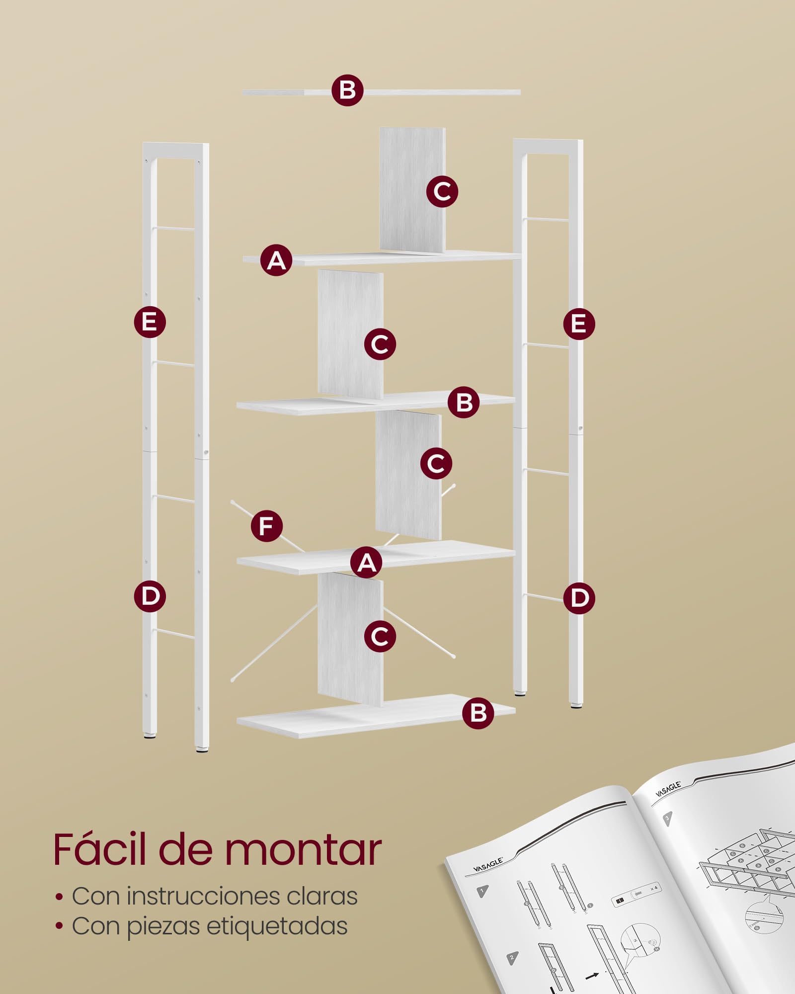 VASAGLE Librería, Estantería de Almacenamiento de 5 Niveles, Organizador de Oficina de Estudio, con Compartimentos, para Salón, Estilo Moderno, Blanco Arce y Blanco Nube LBC012W44