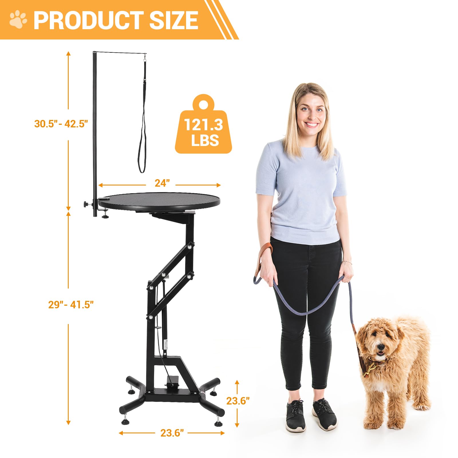 Tavolo da toelettatura per cani con sollevamento idraulico resistente, girevole a 360°, parte superiore antiscivolo, altezza regolabile (71-104,5 cm) con braccio sopraelevato e fermi di sicurezza