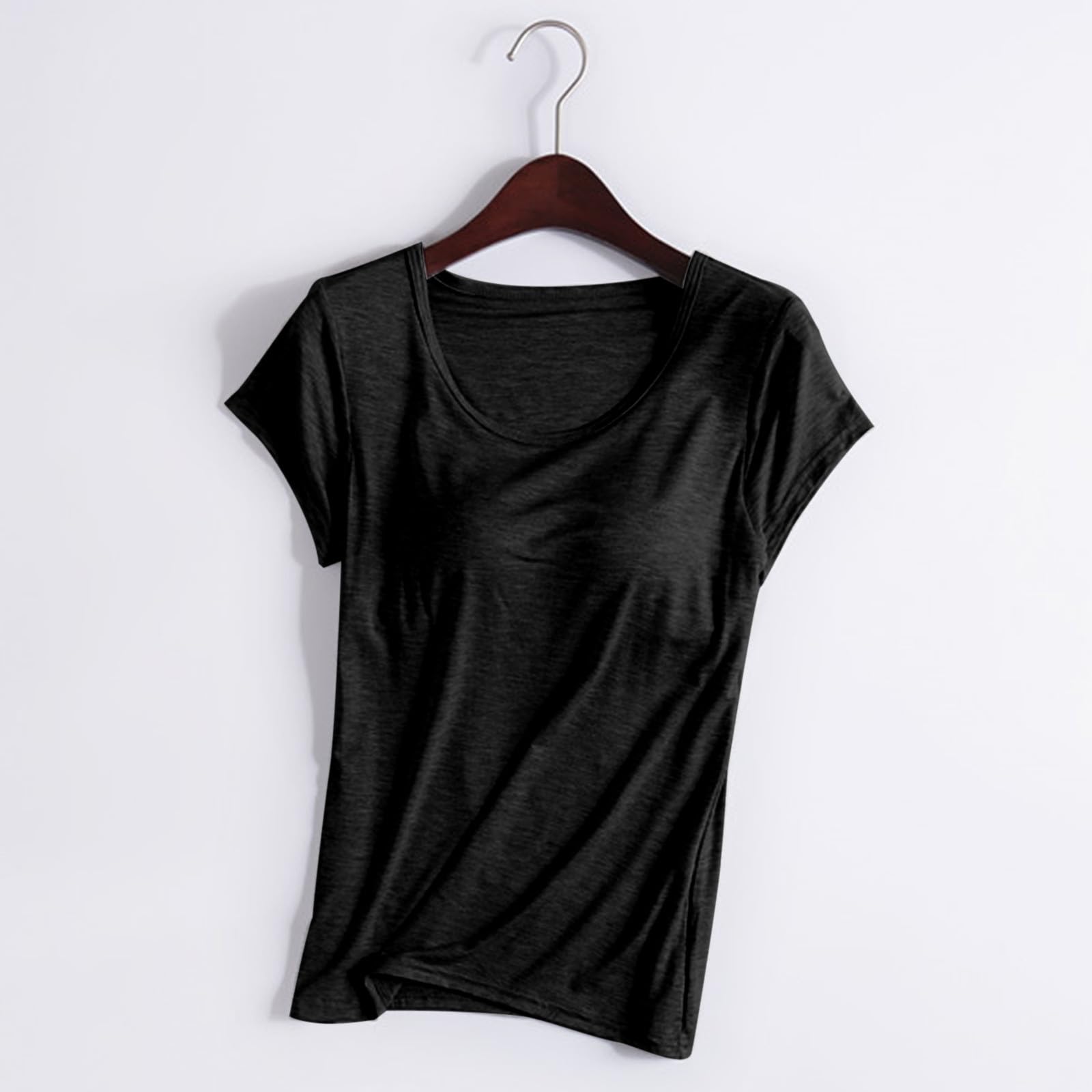 Womens Shirts with Built in Bra Short Sleeve Shirts Summer Casual Athletic Workout Yoga Shelf Bra Padded T Shirts Tops — view 2