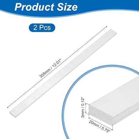 uxcell Square Aluminum Flat Bar, 2Pcs 1/8 Thickness 3/4 Width 12 Length Square 6063 Aluminum Flat Plate, 3 x 20 x 305mm Solid Mill Stock